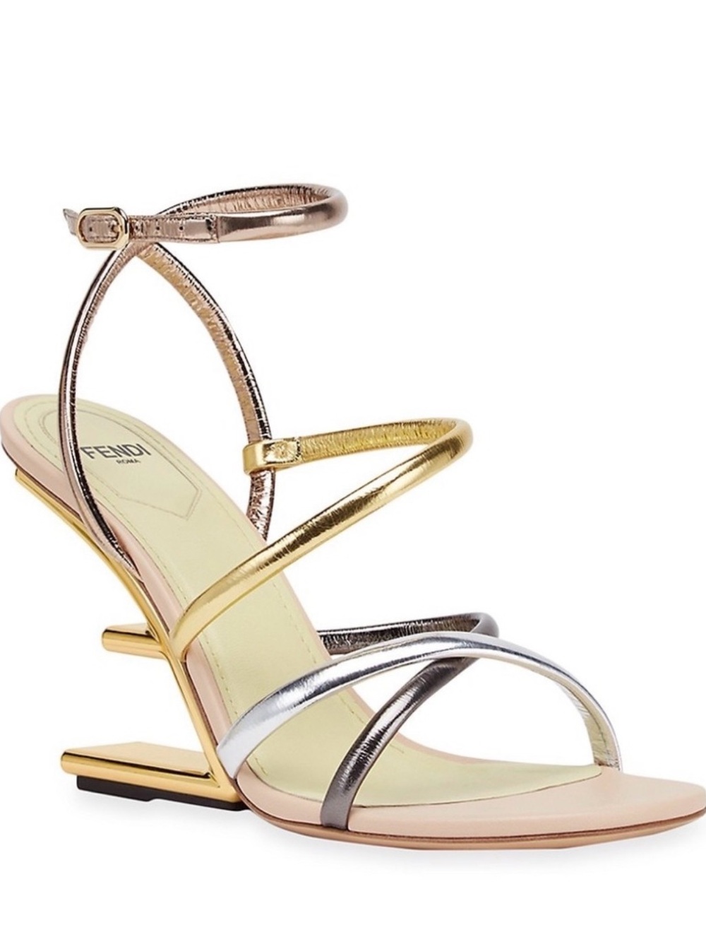 Fendi First Metallic Multistrap Ankle-Strap Sandal in Gold, Silver & Rose
